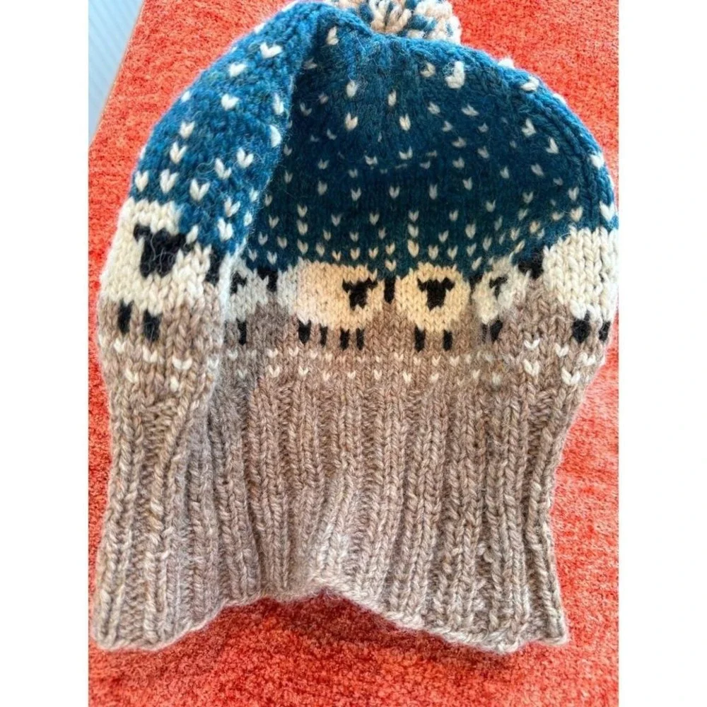 Hand Knit Sheep Fair Isle Beanie Teal Taupe‎ Wool Pom Pom  Hygge Gorpcore Nordic